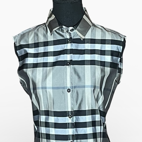 BURBERRY TRADITIONAL PLAID GREY BLACK WHITE PATTERN SLEEVELESS BUTTON DOWN (6) - Picture 2 of 6